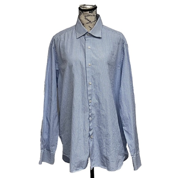 Saks Fifth Avenue Button Down Shirt Mens 17.5 Custom Made Blue Checkered Gingham - Picture 2 of 11